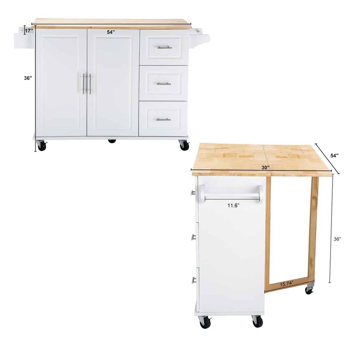 HiDSLiving Kitchen Island 54" Large Rolling Kitchen Island Cart On Wheels with Drop Leaf 3 Drawers 1 Cabinet,Spice Towl Rack Mobile Kitchen Table with Storage, White HiDSLiving