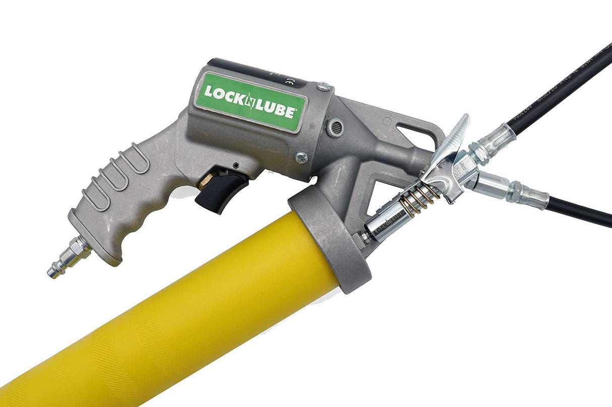 LockNLube 2-in-1 Pneumatic Grease Gun with Single Shot & Continuous Modes. Single-Shot and Continuous delivery Modes in one Grease Gun! Easily Switch delivery Mode with The Sliding Selection Lever. LockNLube