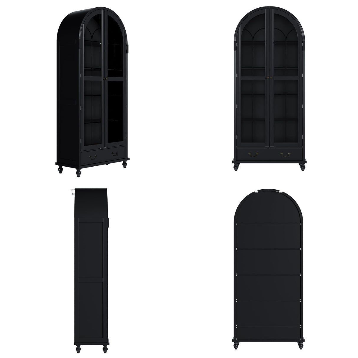 Hitow Curio Cabinet with Glass Doors, Arched Display Cabinet with Drawers & Solid Pine Legs, 34.6" W Arch Bookcase, 5-Tier Black Display Case for Collectibles, Living Room Hitow