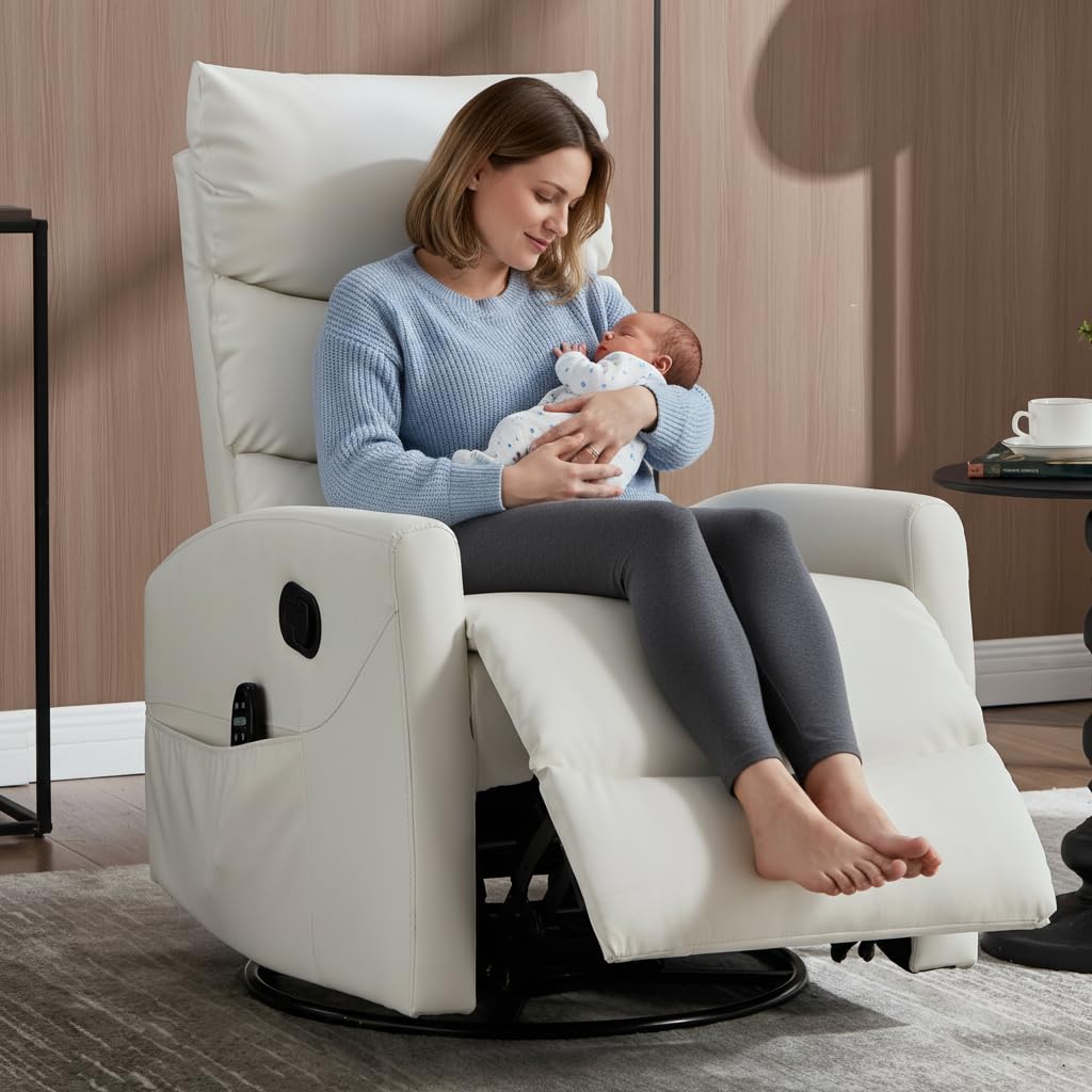 PELUMY Manual Recliner Chair with Heat & Vibration Massage, 360° Swivel Rocker Recliner with 155° Recline and Lumbar Heat, Compact Recliner for Living Room & Small Spaces (Breathable Leather, White) PELUMY