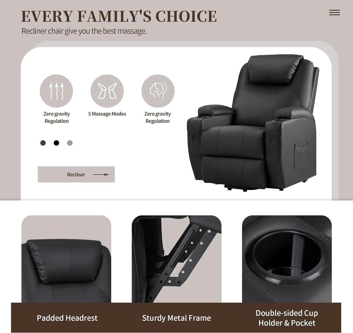JUMMICO Power Lift Recliner Chair with Massage for Elderly PU Leather Modern Reclining Sofa Chair with Cup Holders, Remote Control, Adjustable Furniture (Black) JUMMICO