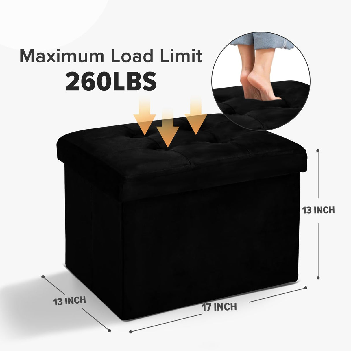 LINMAGCO Storage Ottoman Folding Foot Stool Velvet Ottoman Foot Rest with Padded Modern Ottoman with Storage for Living Room Puppy Step Stool 17x13x13in(Black) LINMAGCO