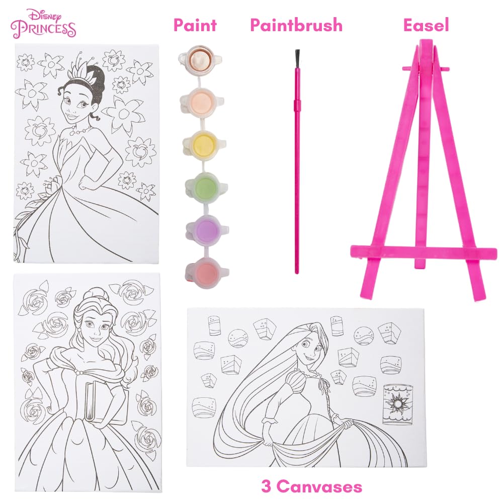 Innovative Designs Disney Princess Canvas Paint Set for Kids with 3 Canvases, Acrylic Paint, Paintbrush, & Easel Innovative Designs