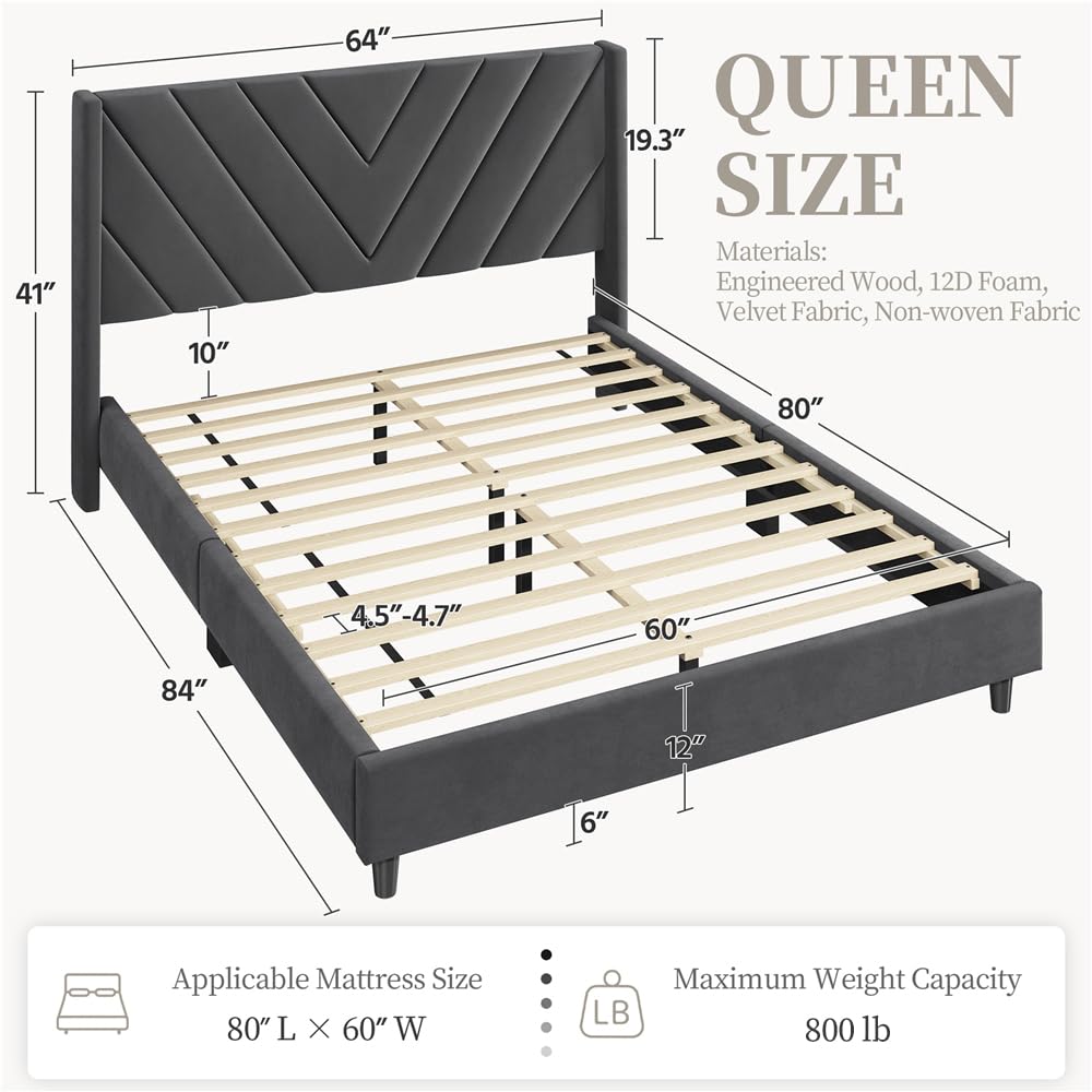 Yaheetech Queen Bed Frame Upholstered Platform Bed with Wing Side/Wooden Slat Support/Tufted Headboard with Wing Side/Mattress Foundation/No Box Spring Needed,Dark Gray Queen Bed Yaheetech