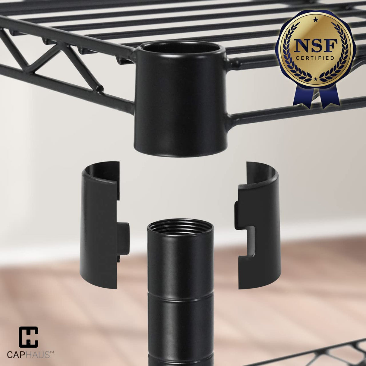 CAPHAUS NSF Commercial Heavy Duty 4 Tier Wire Shelving w/Two Trapezoid Baskets, Wheels, Leveling Feet, Storage Metal Shelf, Basement Garage Shelving Storage, Utility Wire Rack Storage Shelving Black CAPHAUS