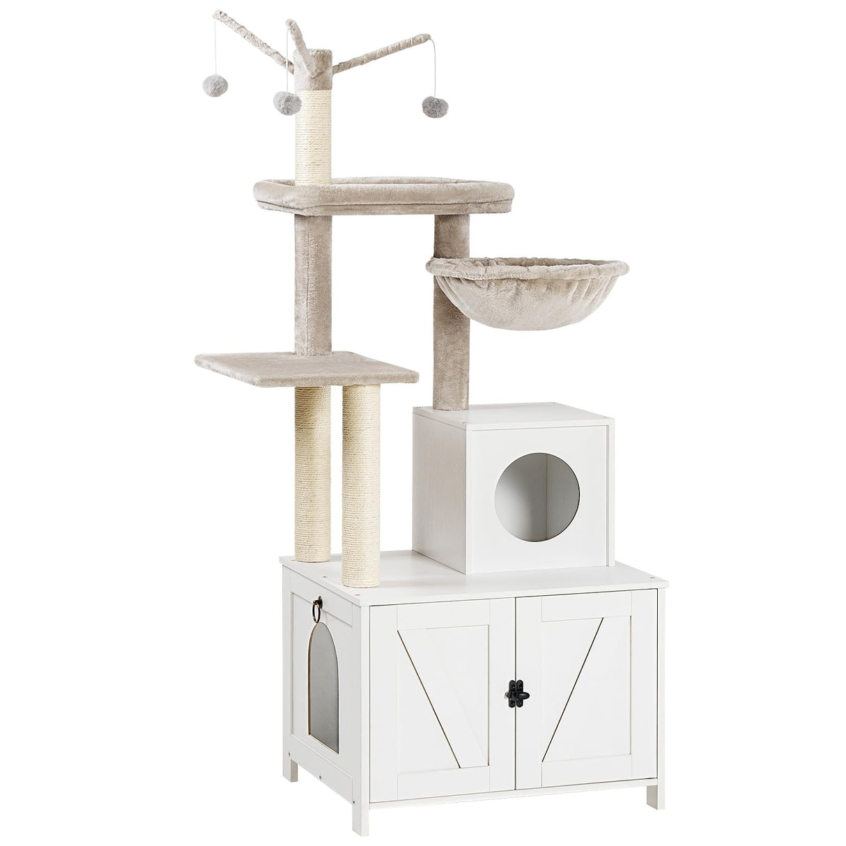 HOOBRO Cat Tree Tower with Litter Box Enclosure for Indoor Cats, Wooden Cat Condo with Scratching Posts, Cat Litter Box Furniture Hidden, All-in-One Cat Toy with Cat House, White WT15MZ03 HOOBRO