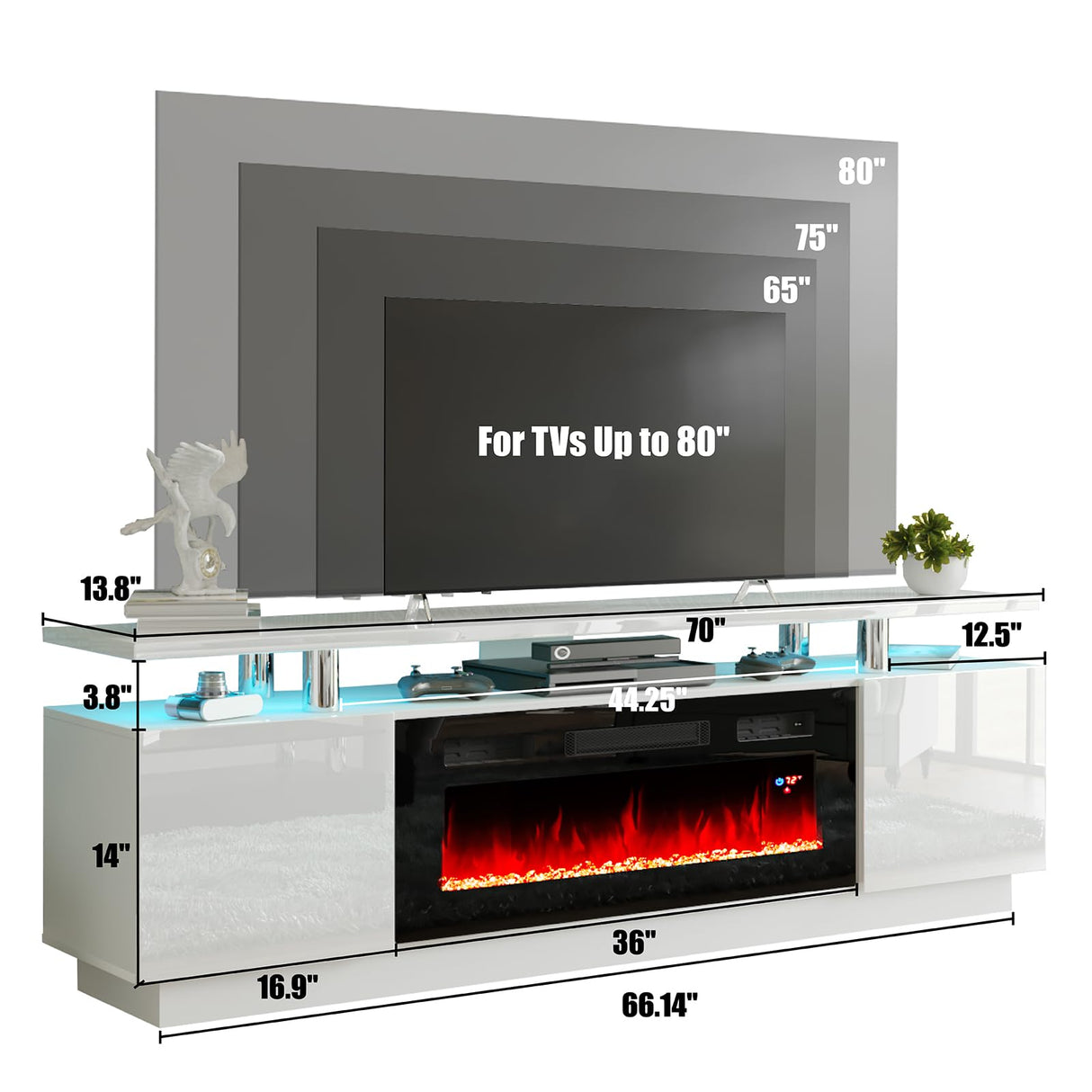 AMERLIFE Fireplace TV Stand with 36" Fireplace, 70" Modern High Gloss Fireplace Entertainment Center LED Lights, 2 Tier TV Console Cabinet for TVs Up to 80", Ivory White AMERLIFE