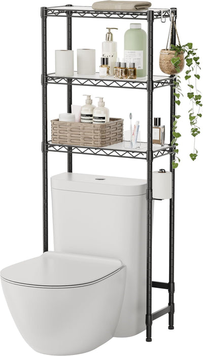 SINGAYE Over-The-Toilet Storage Rack 3-Tier Bathroom Organizer and Storage Shelf Over Toilet with Adjustable Shelf and Basket Freestanding Space Saver Bathroom Shelves Above Toilet for Room Black