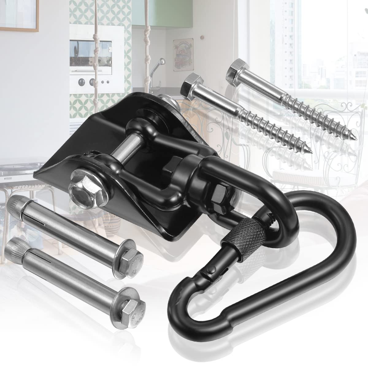 Hammock Hanging Kit,Hanging Chair Hardware 360°Rotating 1200 lb Capacity Hammock Hooks Heavy Duty,Hammock Chair Hanging Kit & Swing Ceiling Hook Snap for Hammock Chair Stand,Seat, Tree,Yoga,Gym(Black) JACNITAD