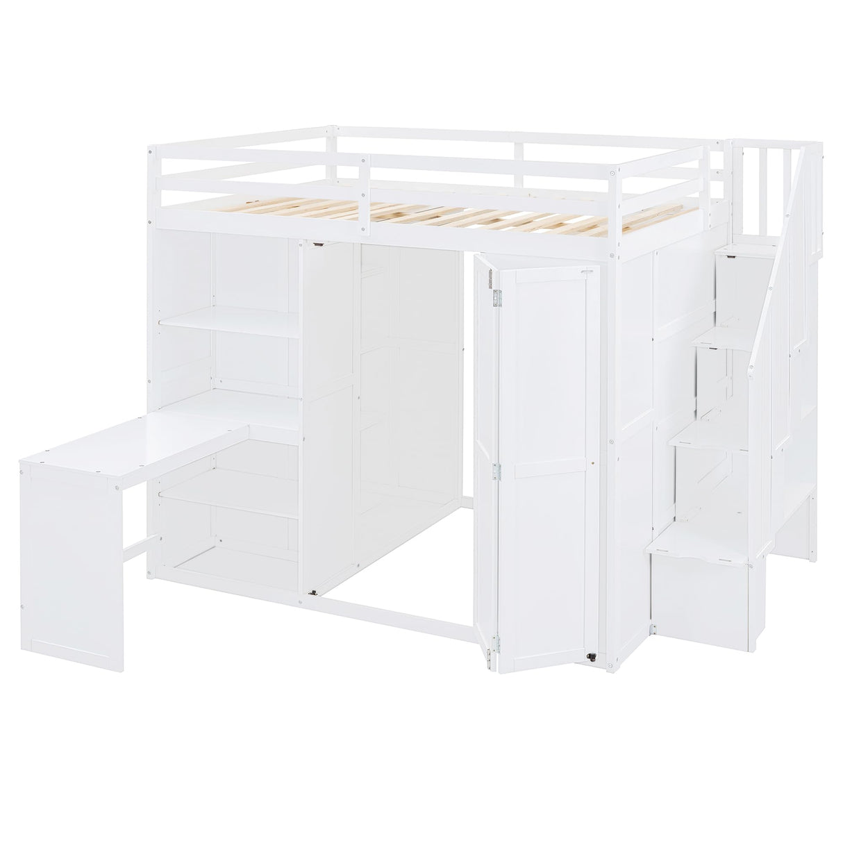 Merax Full Size Loft Bed, Wood Bedframe with Wardrobe, Storage Stairs, Desk and Shelves for Kids Teens Adults Bedroom, White Merax