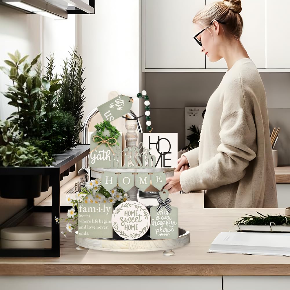 EMVANV 11 PCs Tiered Tray Decoration Set,Wood Sign Rustic Home Sweet Home Simply Blessed Home Tiered Tray Decorations for Dining Room Country Summer Shelf Centerpiece Present(Green+White) EMVANV