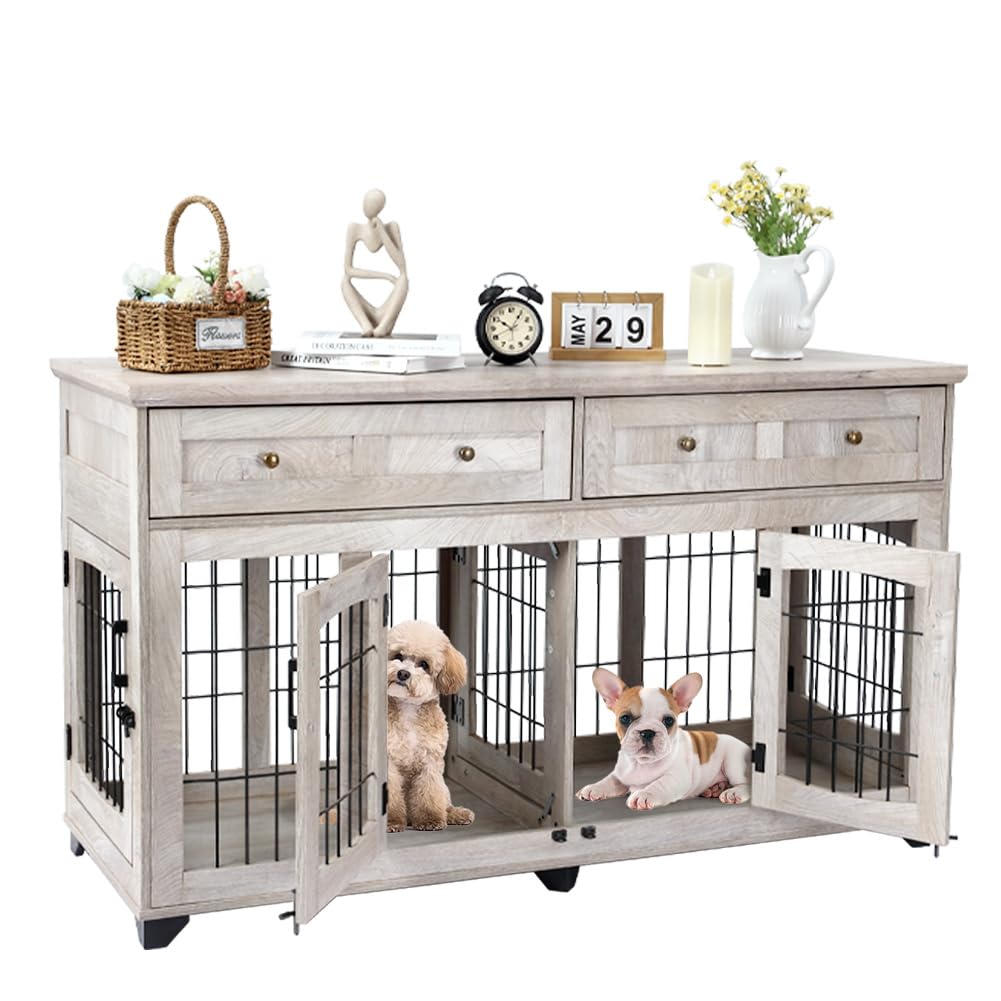 Dog Crate Furniture with 5 Doors,58" Wooden Dog Kennel End Table with Large Capacity Drawers,Dog House with Openable Divider for Small/Medium/Large Dog,Dog Cage,Side End Table,Rustic Grey LALFPET