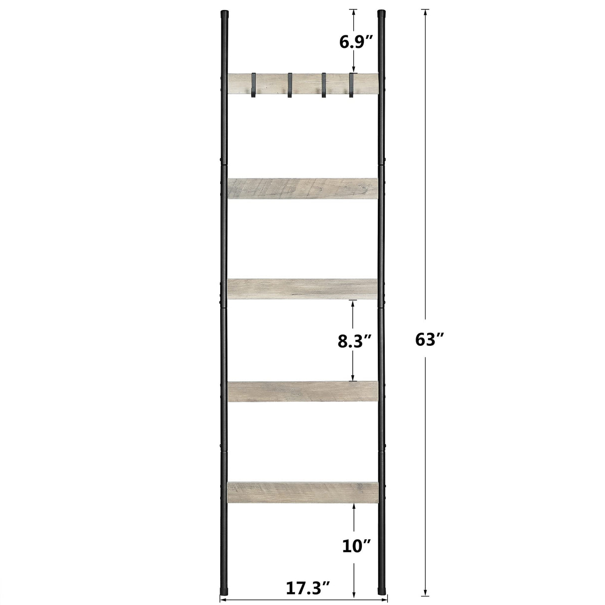 ELYKEN Blanket Ladder for Living Room, Farmhouse 5 -Tier Quilt Holder with 4 Removable Hooks for Bathroom, Wood Towel Rack Display, Wall Anchor Leaning Decorative Stand for Home Decor, White Oak ELYKEN