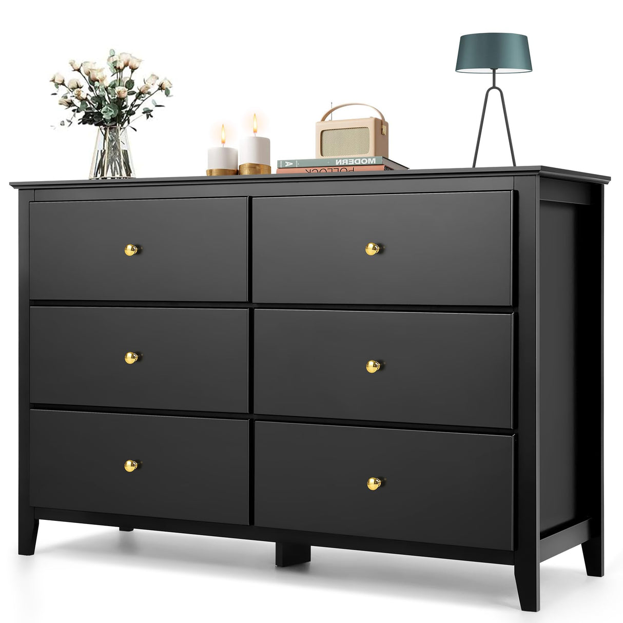 Dresser for Bedroom, 6 Drawer Dressers, Wood Dresser, Chests of Drawers for Entryway Closet Living Room Hallway Sturdy Wooden Top Easy Pull Handle,Black WoodArtSupply
