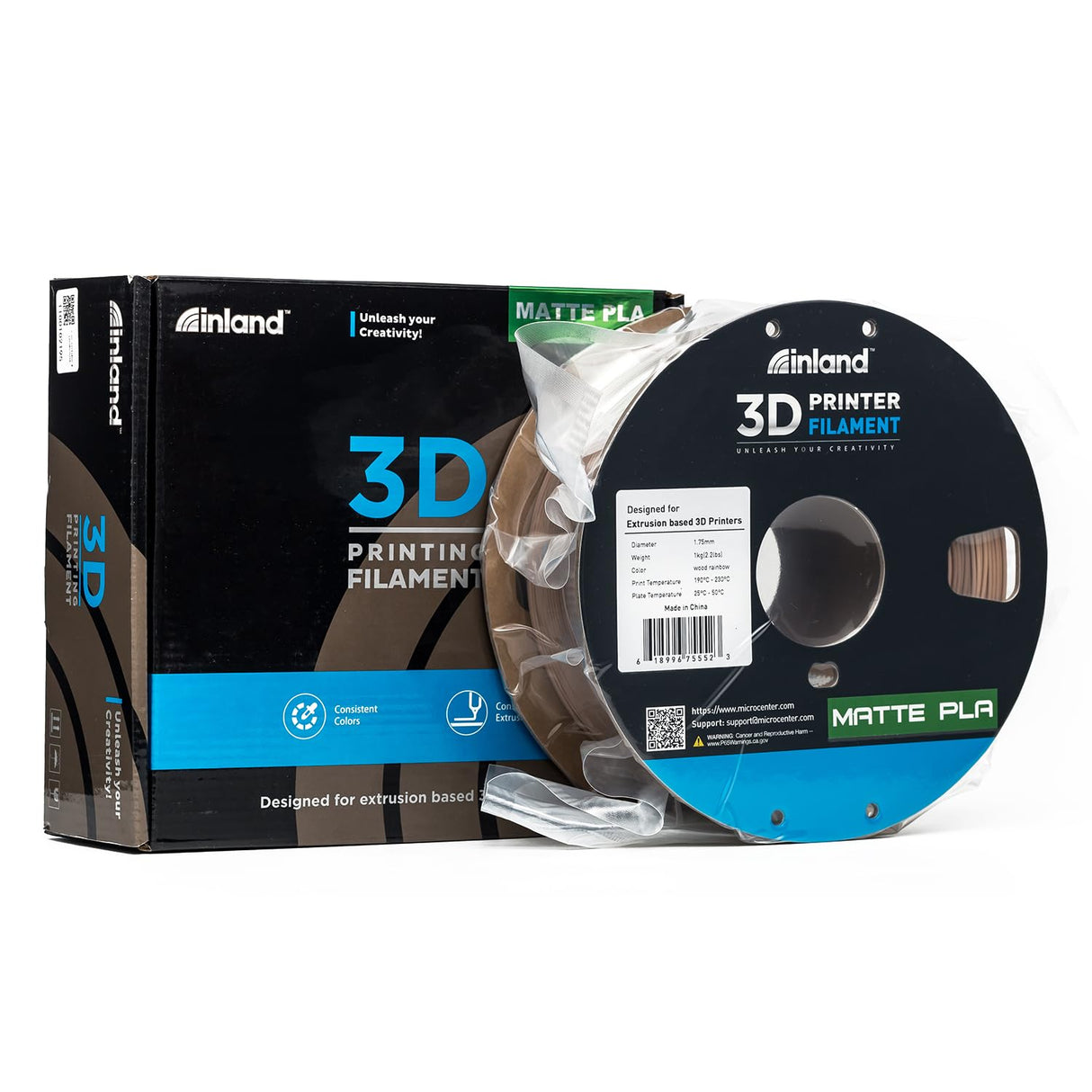 Micro Center Inland Matte PLA 3D Printer Filament, Matte Wood Rainbow 3D Printing Filament 1.75mm, 1kg Cardboard Spool (2.2 lbs), Dimensional Accuracy +/- 0.03mm, FDM/FFF 3D Printers INLAND