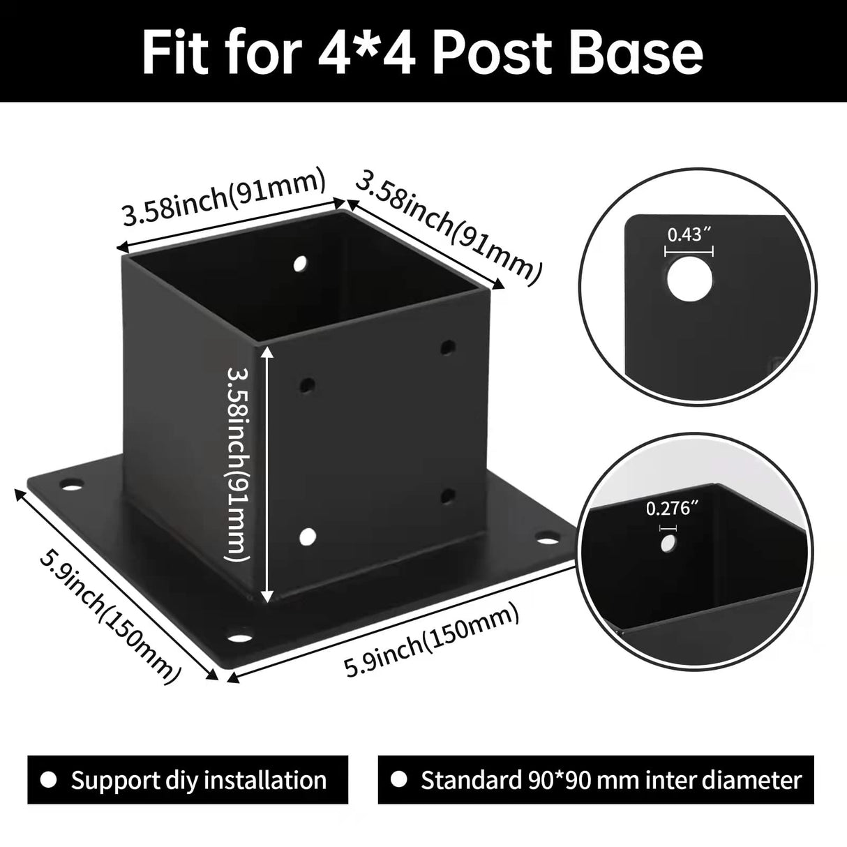 Grehitk 4×4 Post Base, Deck Post Brackets,Inner Size 3.5"x3.5" Thick Steel Fence Post Anchor Base,Heavy Duty Metal Black Powder Coated,for Supports Porch Railing Post Holders Pergola Brackets Kit Grehitk