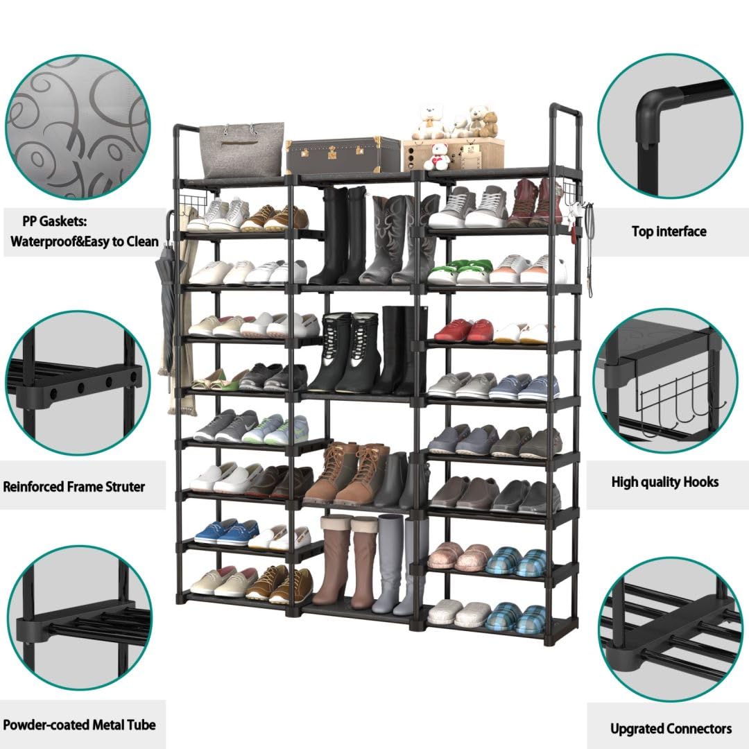 Piggy-G 9 Tiers Shoes Rack for Entryway, Shoe Organizer with Hook Rack, Shoe Storage Shelf Organizer Stackable Long Shoe Shelf for Hallway Entryway, Closet, Garage, Bedroom, Cloakroom Piggy-G