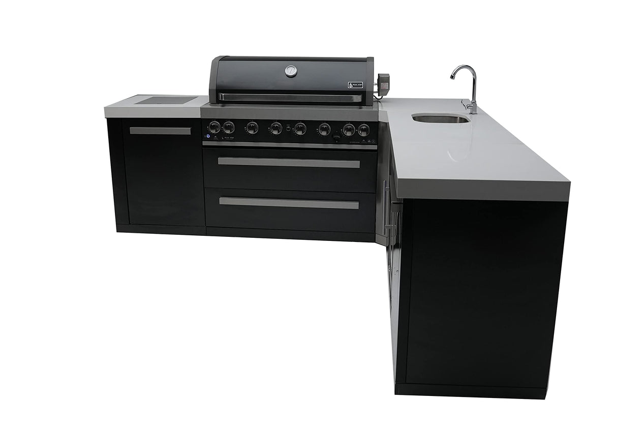 Mont Alpi MAi805-BSS90BEV 44-inch 6-Burner 115000 BTU 90 Degree Corner Black Stainless Steel Gas Outdoor Kitchen Bar Barbecue Island Grill w/Wine Cooler Beverage Center Refrigerator Mont Alpi