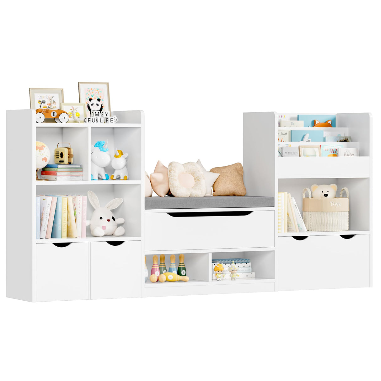 FOTOSOK 72” Kids Bookshelf with Reading Nook, Large Toy Storage Organizer with Seat Cushion and 3 Movable Drawers, Kids Reading Nook Toy Organizers and Storage with Bench for Living Room, White FOTOSOK