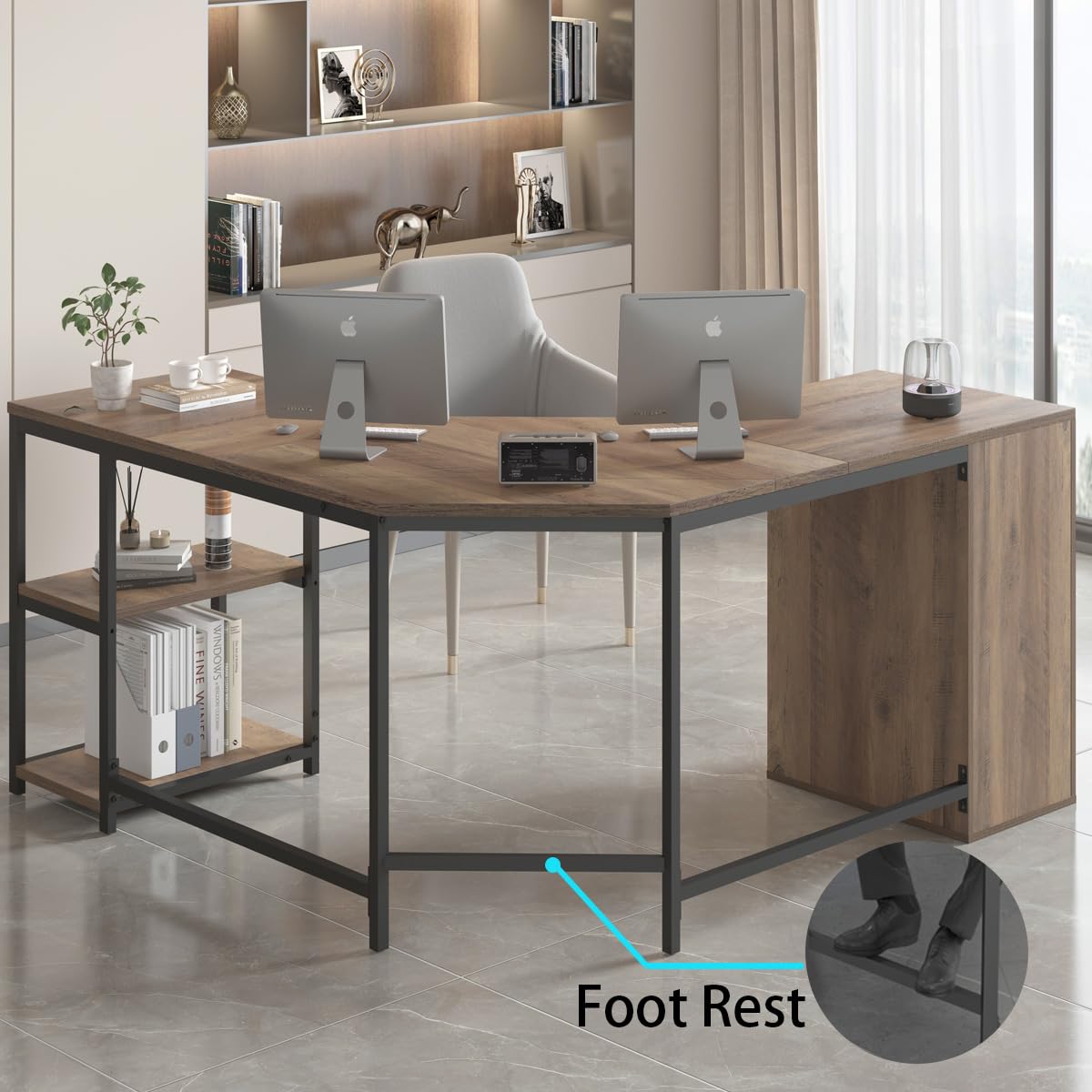 LVB Rustic L Shape Computer Desk with File Cabinet, Reversible Corner L-Shaped Desk with Drawers Storage Shelf, Modern Large Wood L Shaped Work Study Writing Gaming Desk Table for Home Office, 60 in LVB