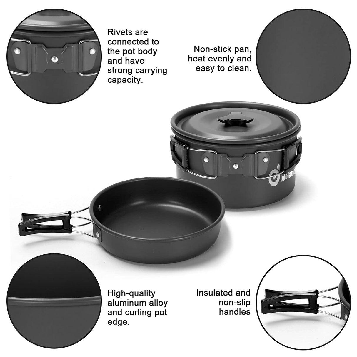 Odoland 15pcs Camping Cookware Mess Kit, Non-Stick Lightweight Pot Pan Kettle Set with Stainless Steel Cups Plates Forks Knives Spoons for Camping, Backpacking, Outdoor Cooking and Picnic Odoland