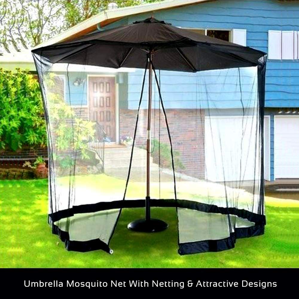 HomeRoots 9' Patio Umbrella Outdoor Table Bug Screen Mesh Black Mosquito Net Canopy Curtains Adjustable Enclosure Large Umbrella Hanging Tent 100% Polyester Light Weight Mosquito Netting OceanTailer