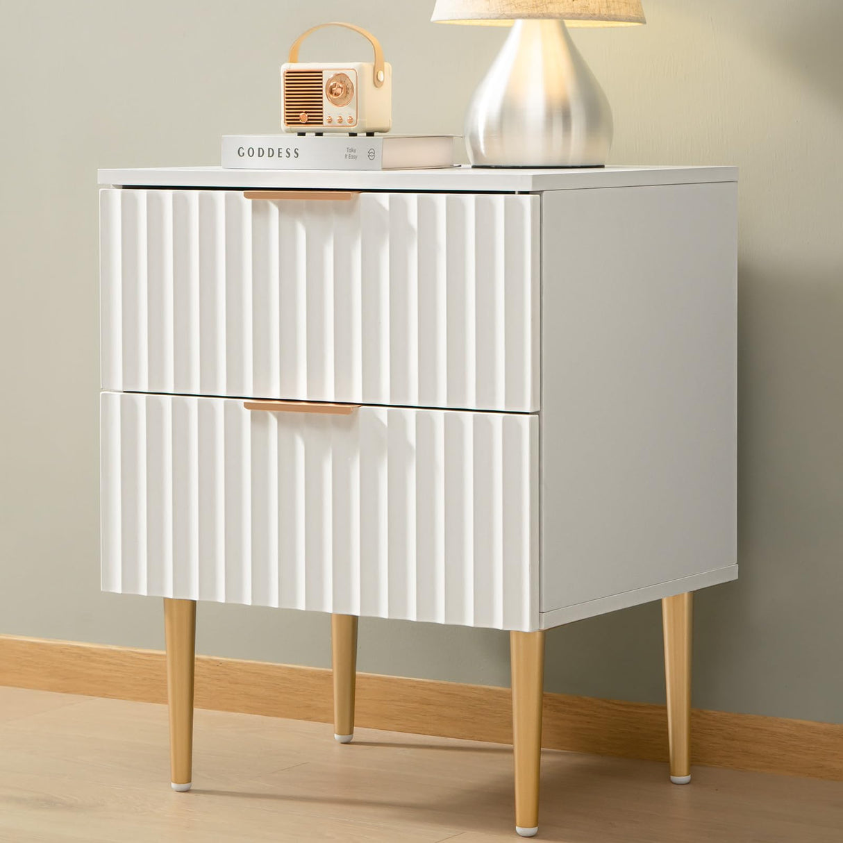 SICOTAS White Night Stand Set 2, Wide Fluted Nightstand with 2 Drawers, Modern Glossy Storage Bedside Table for Bedroom, End Side Table with Golden Metal Legs and Handles(2, White) SICOTAS