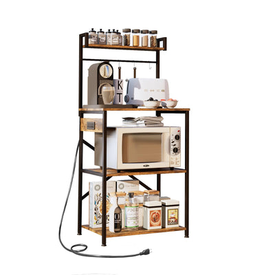 OIRBOEUS Rustic Brown Bakers Rack with Power Outlet and 5-Tier Storage for Kitchen and Coffee Bar