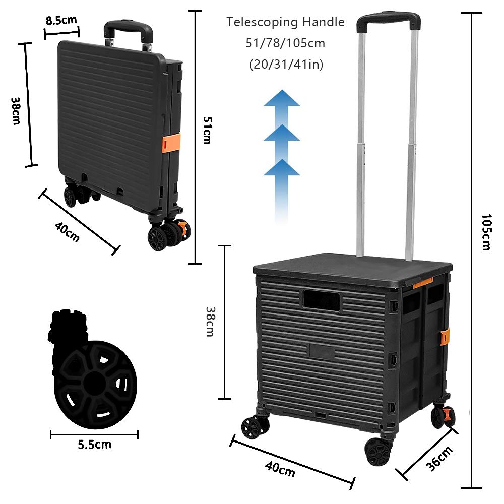 FELICON SELORSS Foldable Utility Cart Folding Portable Rolling Crate Handcart with Durable Heavy Duty Plastic Telescoping Handle Collapsible 4 Rotate Wheels for Travel Shop Move Luggage Office(Black) FELICON