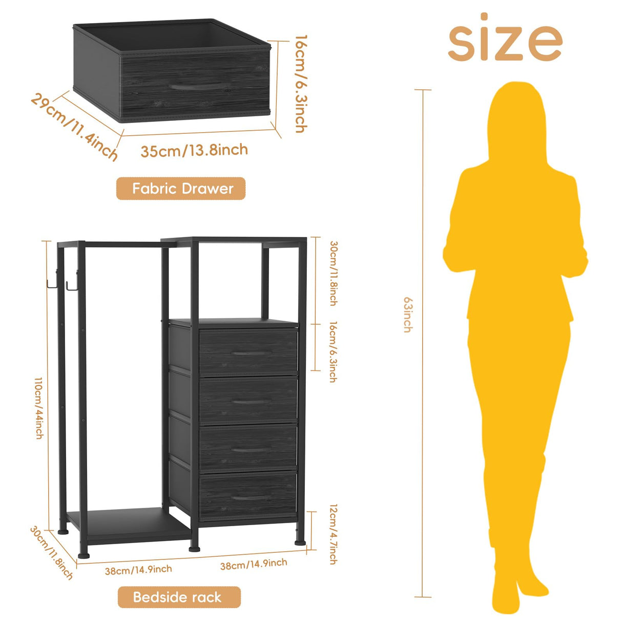 VERONLY Dresser with Hanging Rack, 4 Drawers Small Closet for Bedroom, Reversible Fabric Kids Chest of Drawers with Clothes Rack, Tall Storage Tower, Sturdy Frame, Black, 44''H VERONLY