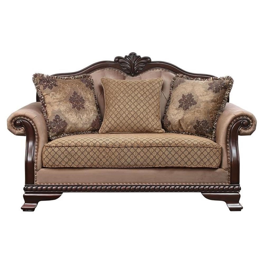Acme Chateau De Ville Fabric Loveseat with 3 Pillows in Beige and Espresso Acme