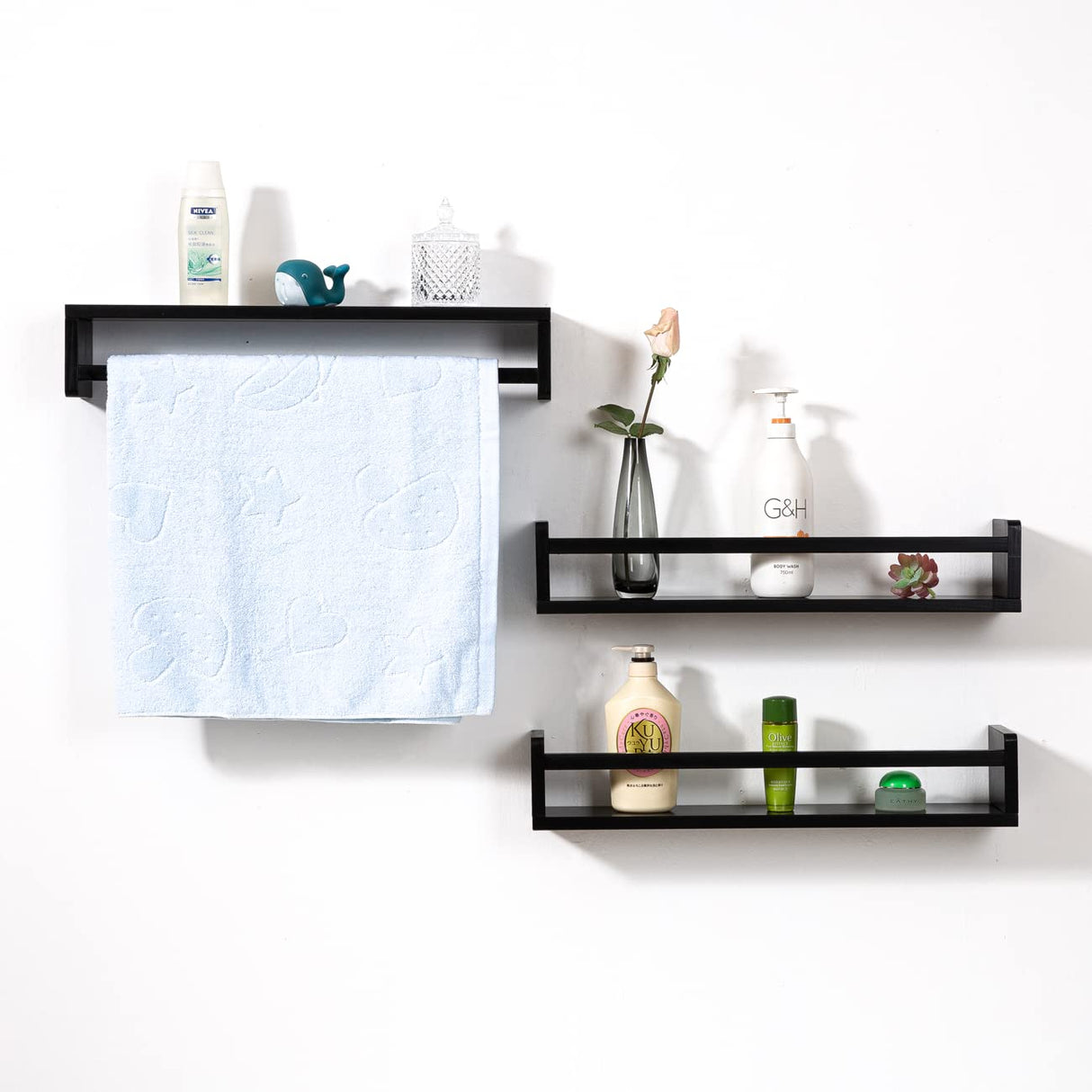 AZSKY Classic Nursery Book Shelves Black Wooden Floating Shelves Wall Bookshelf for Bathroom Decor Kitchen Spice Rack Organizer Kids Room 24 Inch Set of 3 AZSKY