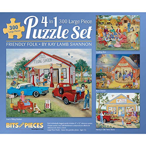 Bits and Pieces – 4-in-1 Multi-Pack 300 Piece Jigsaw Puzzles for Adults – Friendly Folk by Artist Kay Lamb Shannon, Completed Puzzle Size: 16" x 20" Bits and Pieces
