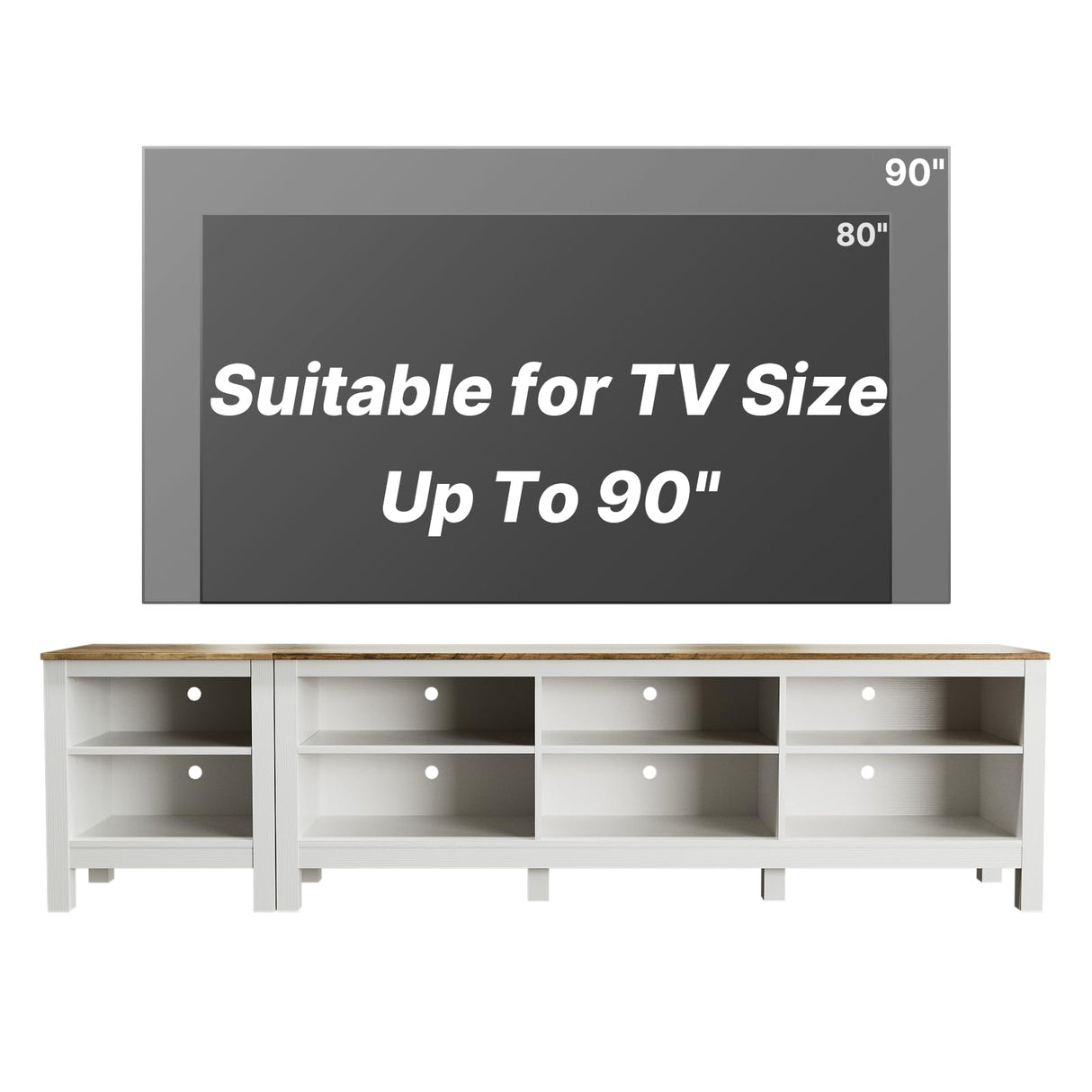 BVIUNTWO TV Stand for 85 Inch TV, White Entertainment Center for 80 inch TV Console Table with 8 Cubby Storage for Living Room Bedroom BVIUNTWO