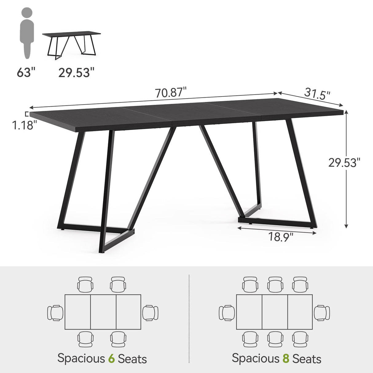 LITTLE TREE 70.86-Inch Conference Table for 8, Black Conference Room Table with Metal Base, Modern 5.9 ft Rectangular Table for Boardroom, Meeting, Conference Room LITTLE TREE