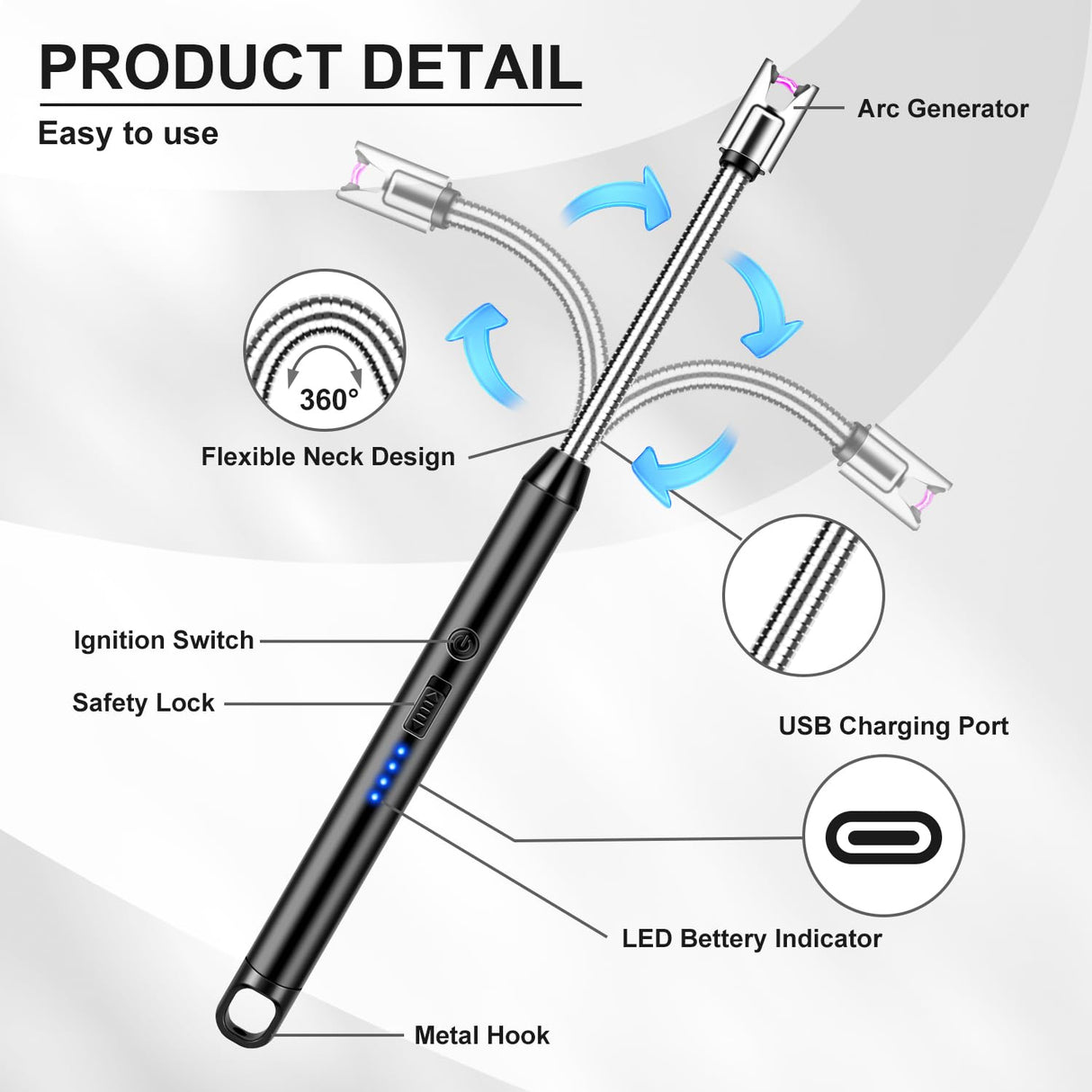 LcFun Candle Lighter Electric Arc Windproof Lighters, USB Rechargeable Lighter with LED Battery Display, 2 Pack Flameless Long Lighters for Candle Grill BBQ Camping Fireplace Stove (Double Black) LcFun