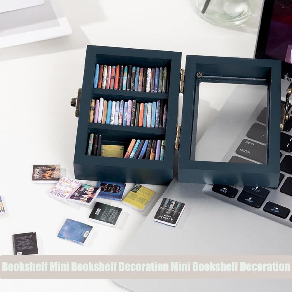 Anxiety Bookshelf Mini Bookshelfs, Anxiety Mini Bookshelf for mini books Ornament, Shake Away Your Anxiety Miniature Book Library with 60pcs Books for Book Lovers Home Room Office Decor (Blue) Rxsdeni
