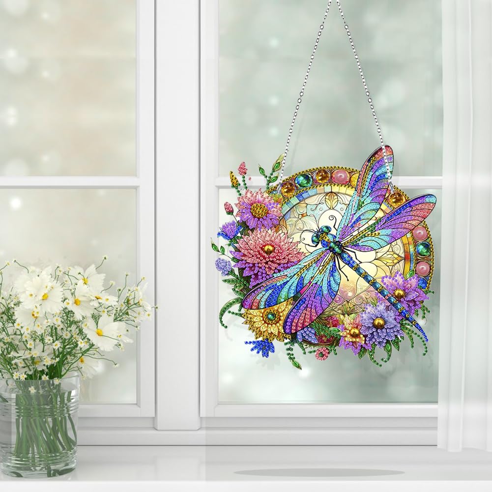 Koikify Diamond Painting Kits Hanging Pendant, Flower & Dragonfly Crystal Diamond Art Hanging Sign, Double-Sided Pattern Craft Ornament for Home Decoration and Gift Koikify