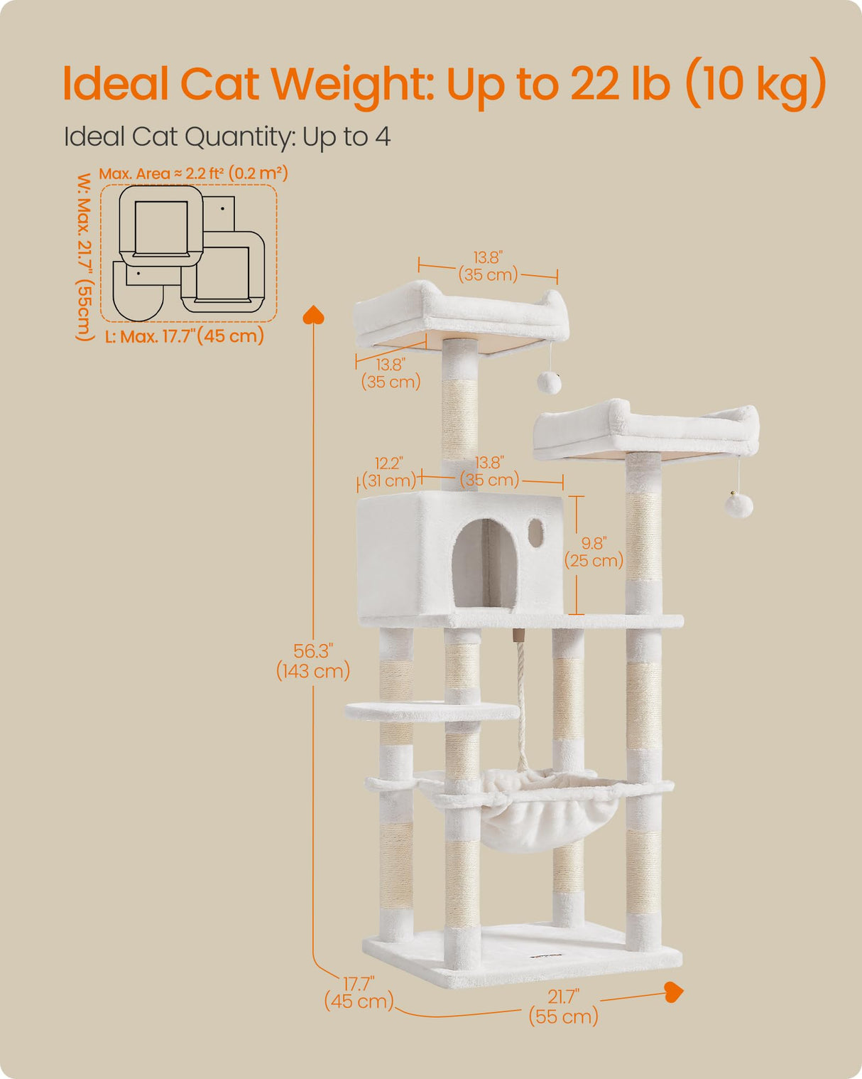 Feandrea Cat Tree, 56.3-Inch Cat Tower for Indoor Cats, Multi-Level Cat Condo with 11 Scratching Posts, 2 Perches, Cave, Hammock, Cream White UPCT015W02 Feandrea