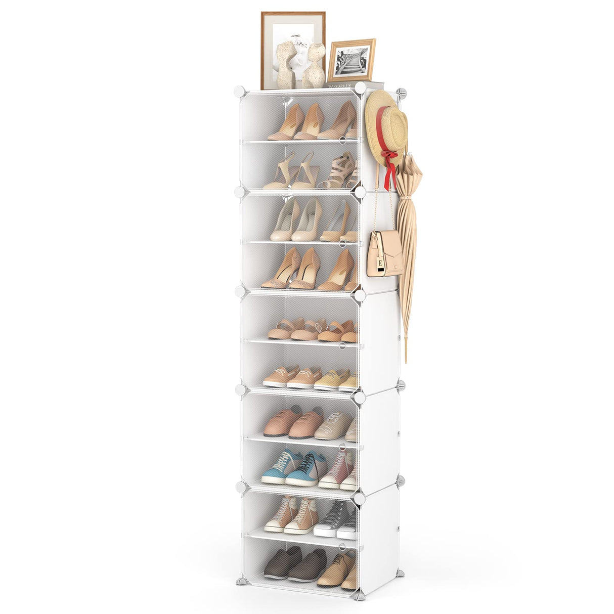 LANTEFUL 10 Tiers Tall Shoe Rack 20 Pair Shoe Organizer Narrow Shoe Rack with Door Portable Shoe Storage Cabinet with Hooks Sturdy Plastic White Shoe Shelf for Entryway and Bedroom LANTEFUL
