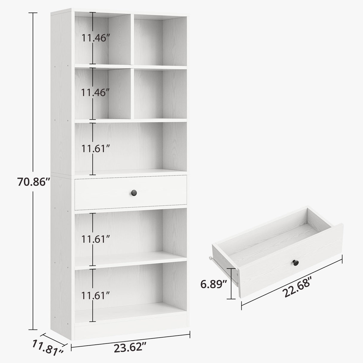 IRONCK Bookcase and Bookshelves, 70" Tall Bookshelf Floor Standing 6 Tiers Display Storage Shelves, Book Shelf with Drawers for Home Office, Living Room, Bedroom, Library, White IRONCK