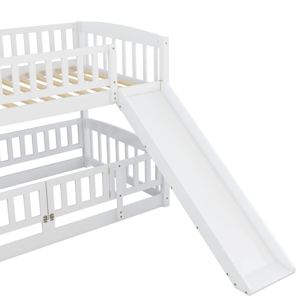 Bellemave Bunk Bed Twin Over Twin with Slide and Stairs, Twin Bunk Bed for Kids, Girls, Boys, Floor Bunk beds with Fence and Door, White Bellemave