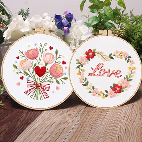 Konrisa 3pcs Love Flower Embroidery Kits for Beginners Adults, DIY Sewing Needlepoint Cross Stitch Kits for Anniversary Valentine's Day, Brithday, Christmas and Home Decoration