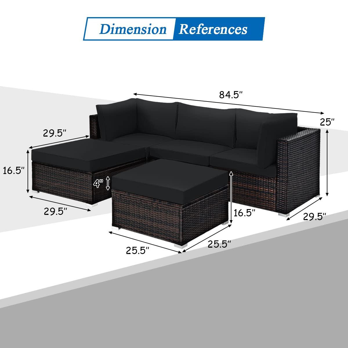 Tangkula 5 Piece Patio Rattan Furniture Set, Outdoor Sectional Rattan Sofa Set with Back & Seat Cushions, Wicker Conversation Set with Tempered Glass Table for Backyard Porch Poolside (Black) Tangkula