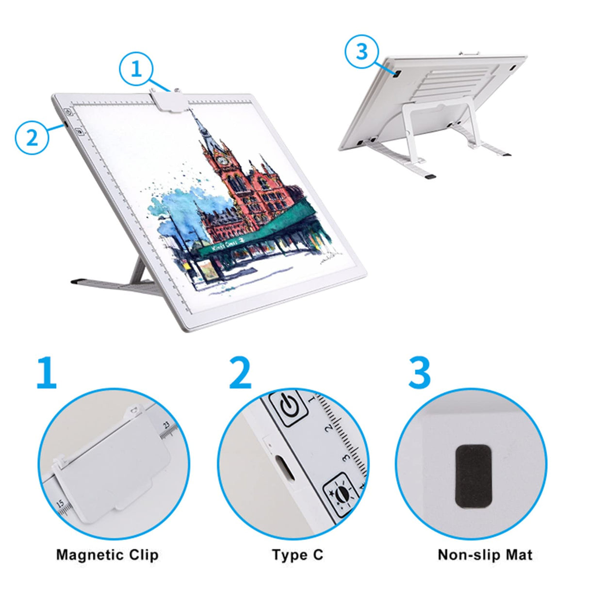 A3 Rechargeable Light Pad with Case, TOHETO 2500mAh Battery Powered Light Board with Stand and Top Magnetic Clip 3 Colors Stepless Dimmable 6 Levels Brightness Light Box for Diamond Painting (White) TOHETO