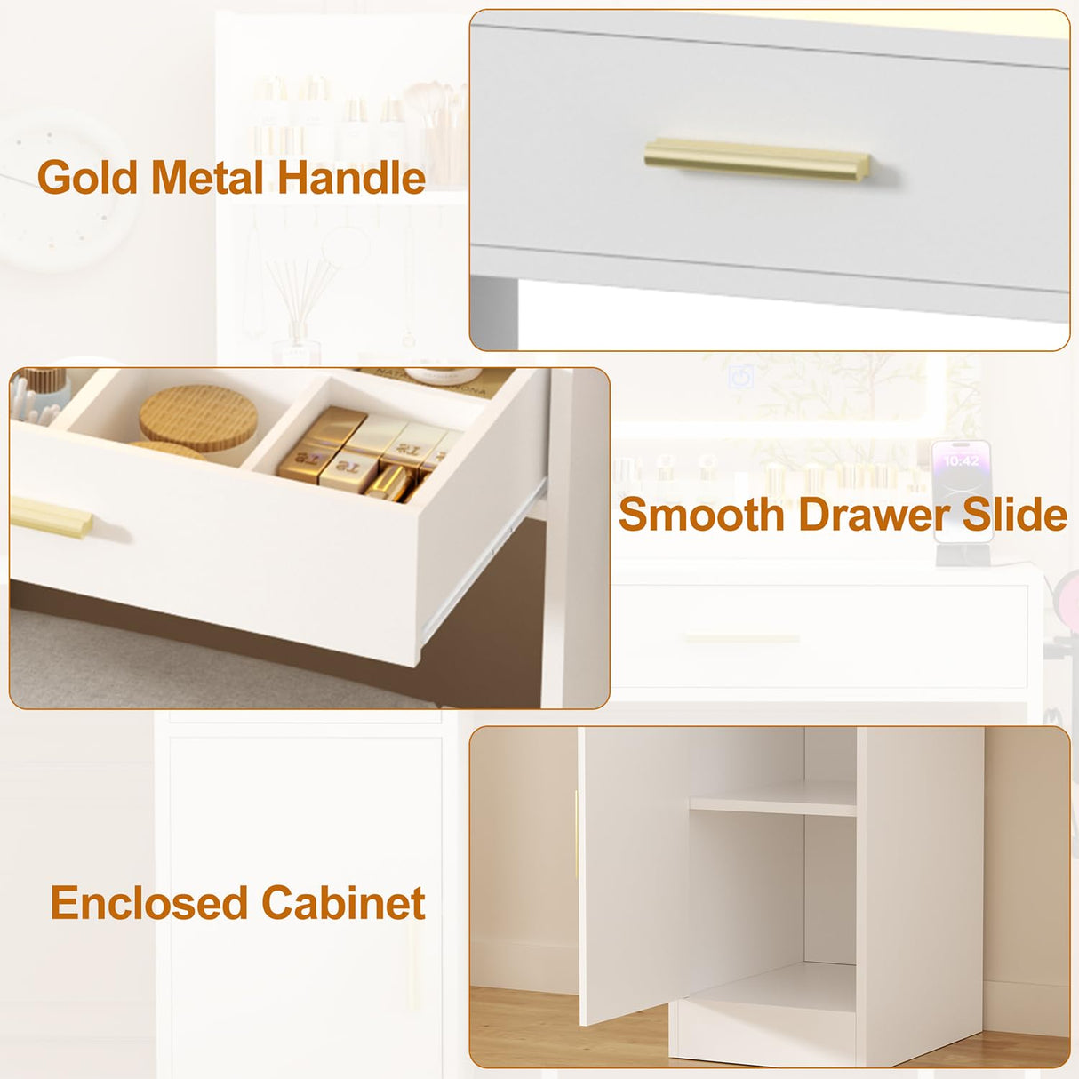 ERLEJIA Vanity Desk with Mirror and Lights & Extral Foldable Desk, 35.43" & 43.3" Makeup Vanity Table with Stool and Plug Outlet, 5 Drawers and Open Shelves Dressing Table for Bedroom, White and Gold ERLEJIA