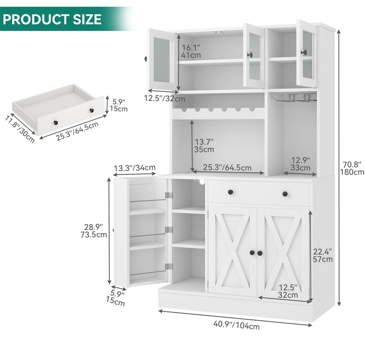 YITAHOME 71''H Kitchen Pantry Cabinet, Tall Cabinet with Drawer, Doors, Goblet Holder, Wine Rack & Power Outlet for Kitchen, Living Room (White) YITAHOME