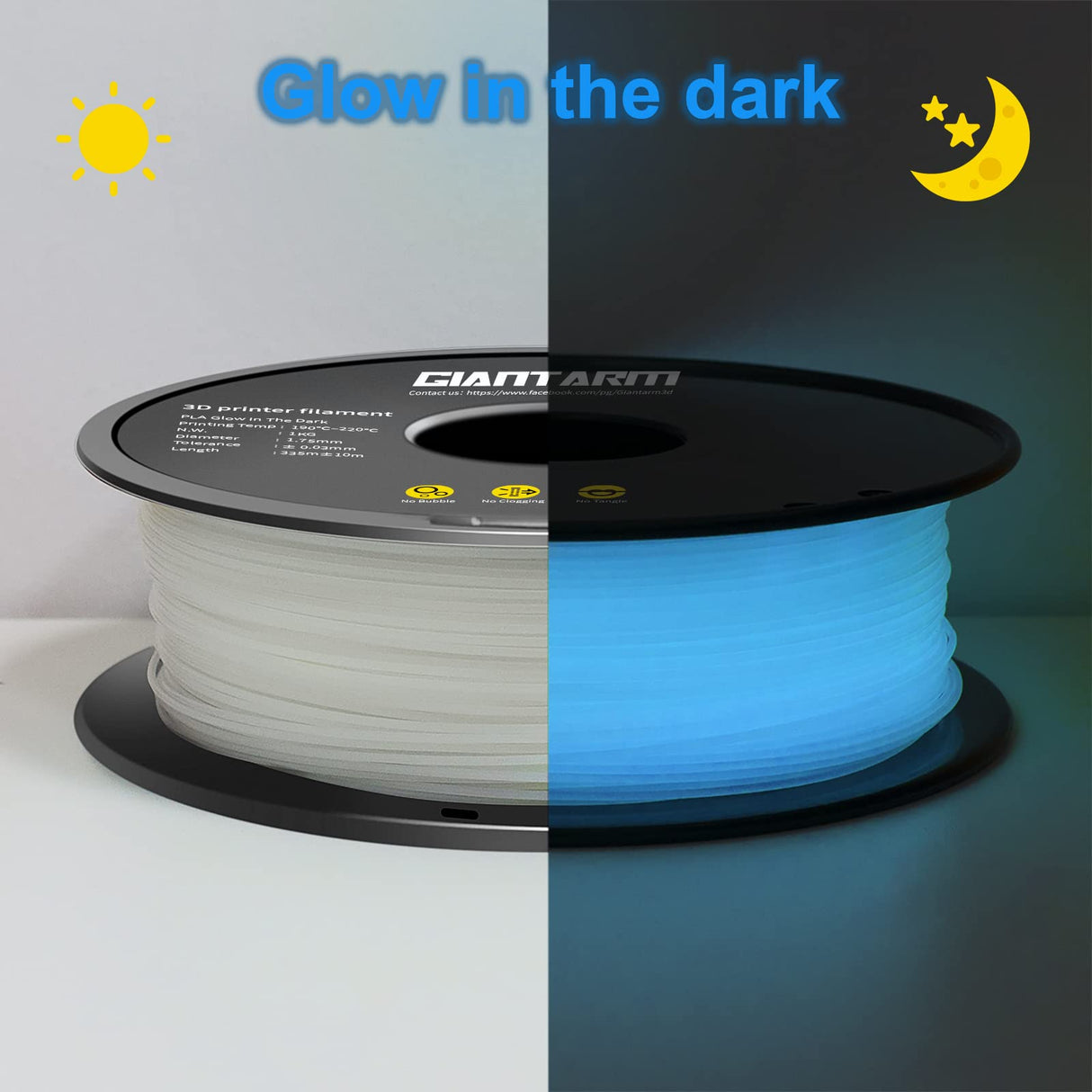 GIANTARM Glow in The Dark Blue Luminous 1.75mm(±0.03mm) PLA Filament 1kg Spool, High Brightness and Long Time Glow, Fit for Most FDM 3D Printer GIANTARM