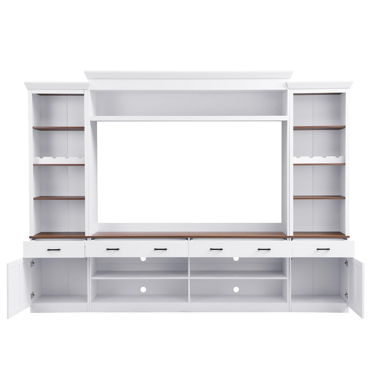Ball & Cast Farmhouse 4-Piece Wall Unit Entertainment Media Center Set with Bookshelf for TVs Up to 70",Large Entertainment Wall Unit TV Stand W/Adjustable Shelves and Wine Rack,for Living Room,White Ball & Cast