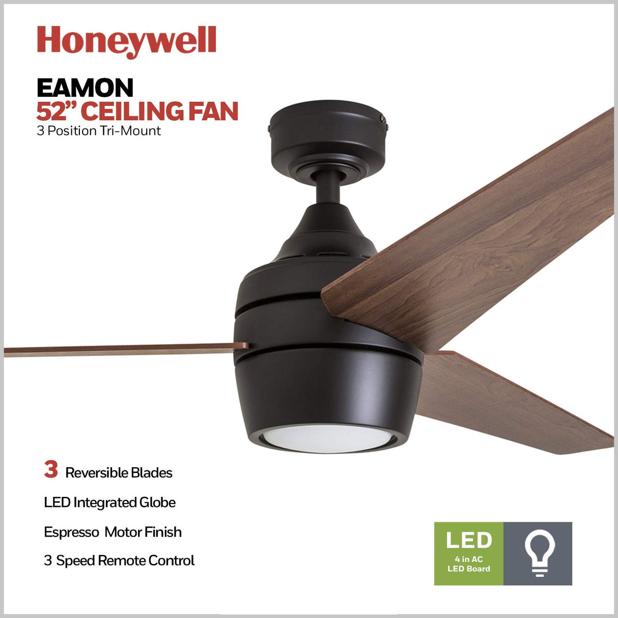 Honeywell Ceiling Fans Eamon Modern 52 Inch Ceiling Fan with Light, Remote Control Fan, LED Indoor Fan with 3 Blades, Brown Maple and Black Blade Finish Options, Bronze (50603-01) Honeywell